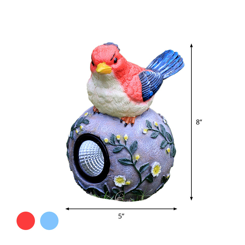 Carved Ball Patio Solar-Power Night Lamp Resin Modern LED Ground Spotlight with Blue/Red Bird Decoration