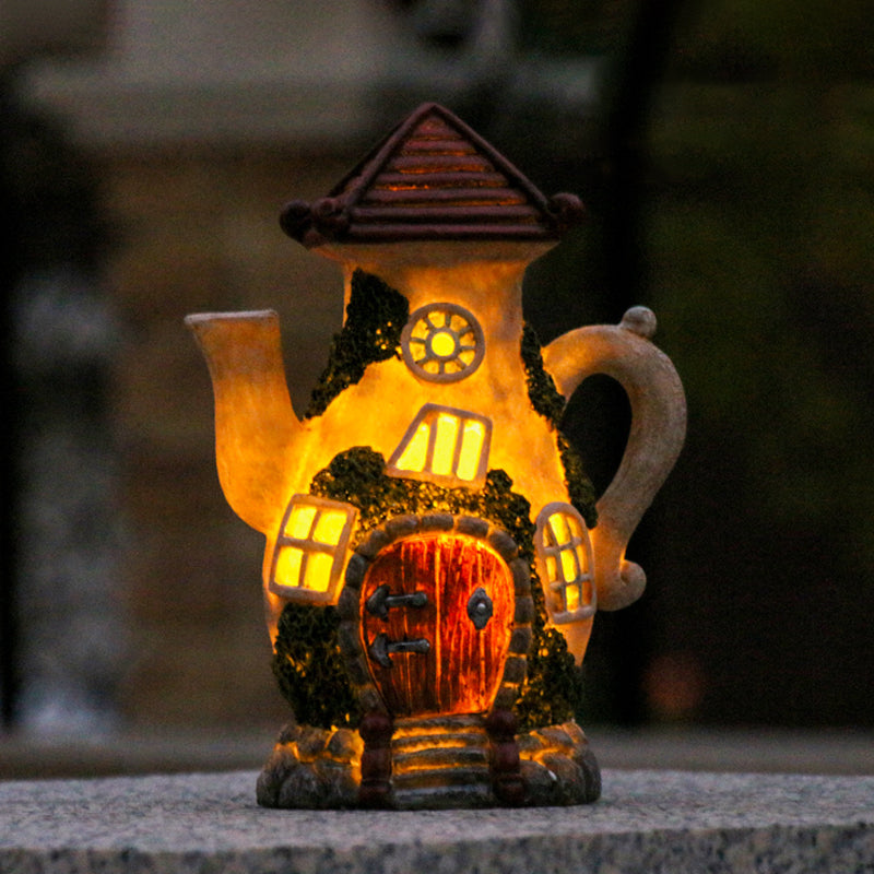 Kids Tea Pot House Solar Night Light Resin Garden Decorative LED Ground Lighting in Beige