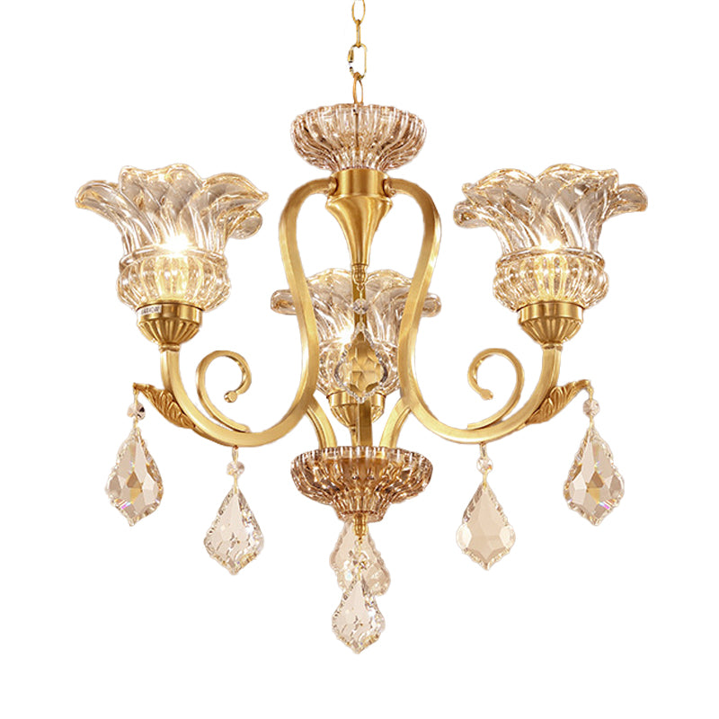 Gold Floral Shade Pendant Chandelier European Draping Crystal Ball 3-Light Living Room Ceiling Suspension Lamp