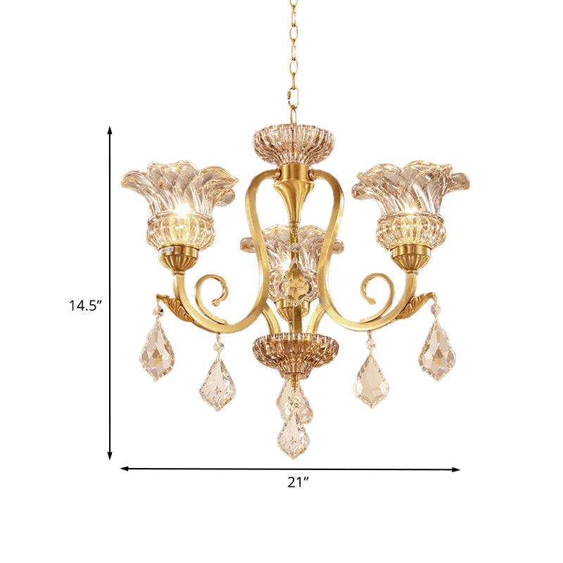 Gold Floral Shade Pendant Chandelier European Draping Crystal Ball 3-Light Living Room Ceiling Suspension Lamp