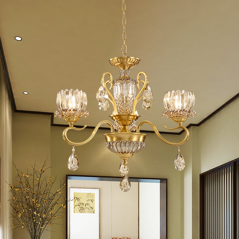 Beveled Glass Crystal Gold Suspended Light Lotus 3-Bulb Modernism Chandelier Light Fixture with Droplet