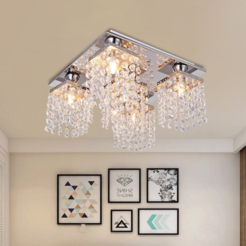 Modern Cubic Ceiling Mount Light Fixture 4-Light Clear Crystal Chain Flush Mount for Living Room