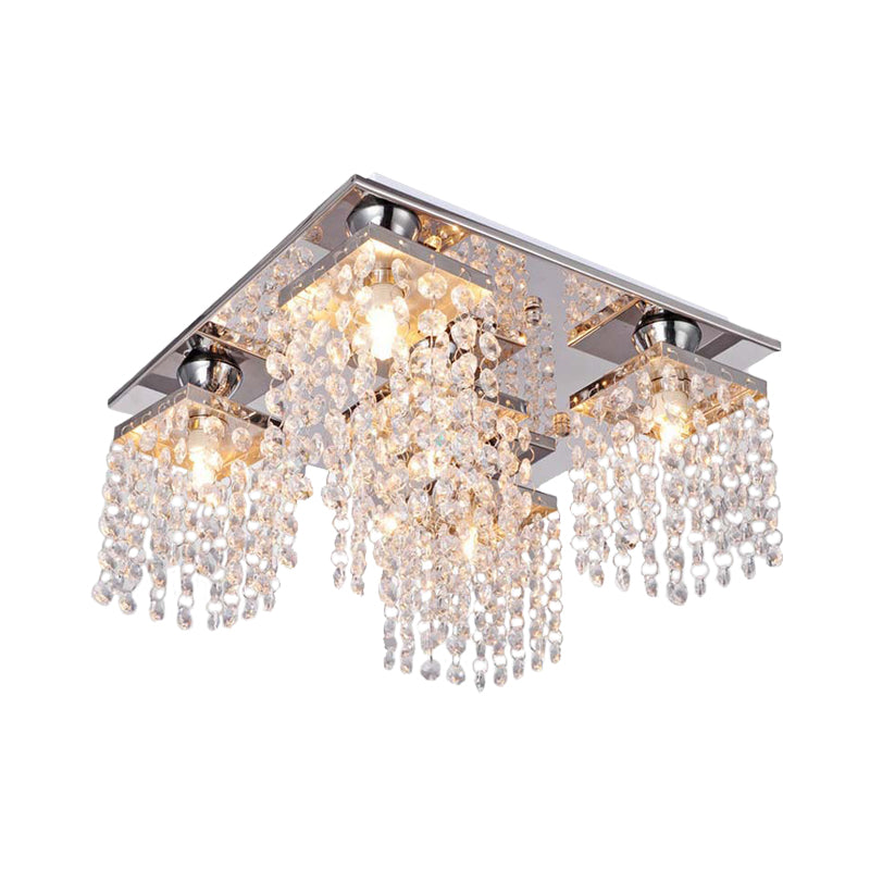 Modern Cubic Ceiling Mount Light Fixture 4-Light Clear Crystal Chain Flush Mount for Living Room