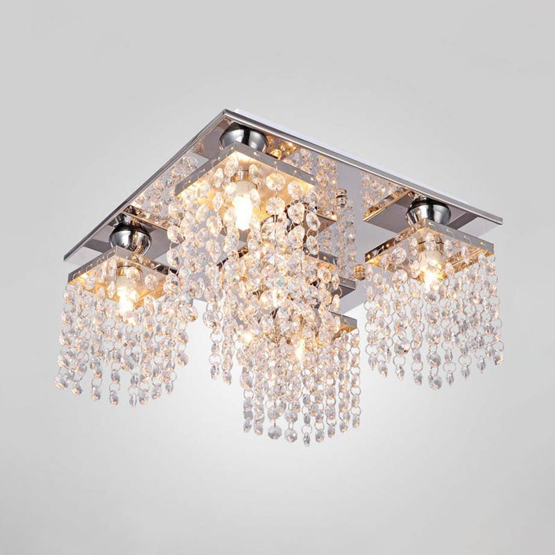 Modern Cubic Ceiling Mount Light Fixture 4-Light Clear Crystal Chain Flush Mount for Living Room