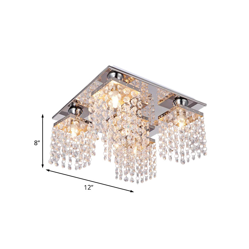 Modern Cubic Ceiling Mount Light Fixture 4-Light Clear Crystal Chain Flush Mount for Living Room