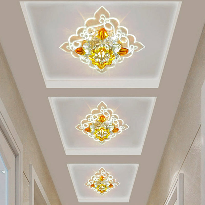 Amber Beveled Glass Crystal Floral Flushmount Contemporary LED Balcony Close to Ceiling Lighting Fixture