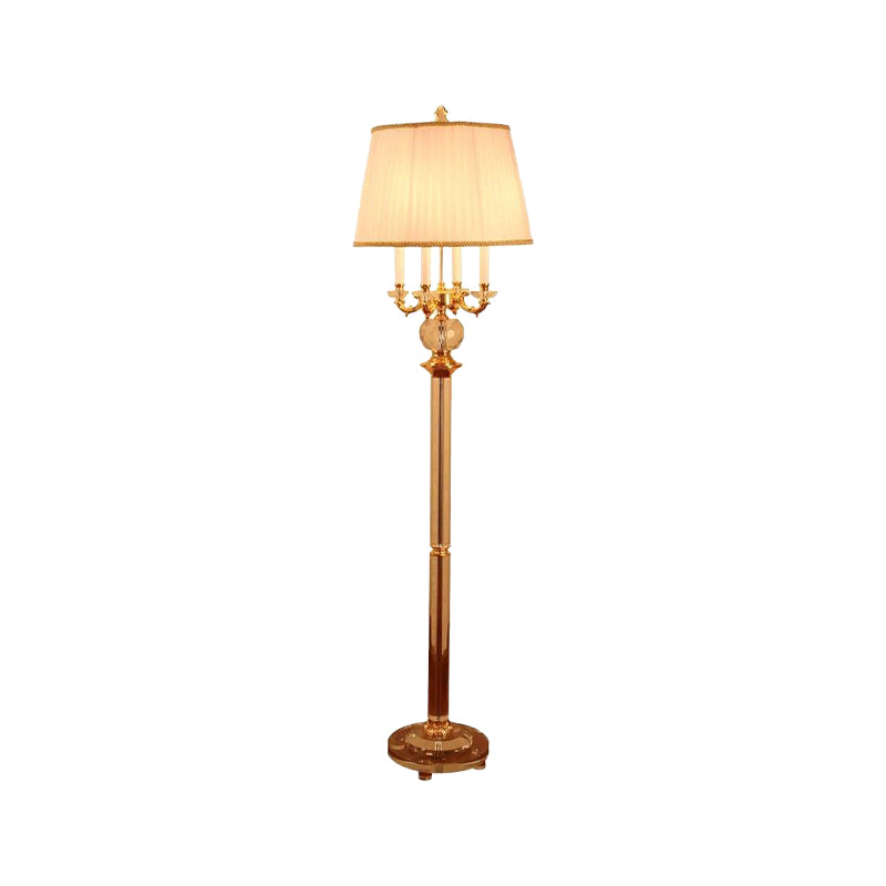 Nordische Kerzenbodenleuchte Kristall Einerbirne Goldstehende Lampe mit Fass beige Stoffton