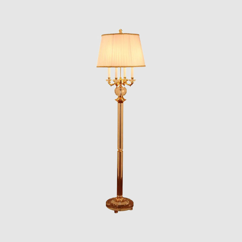 Nordic Candle Floor Light Crystal Single Bulb Gold Standing Lamp with Barrel Beige Fabric Shade