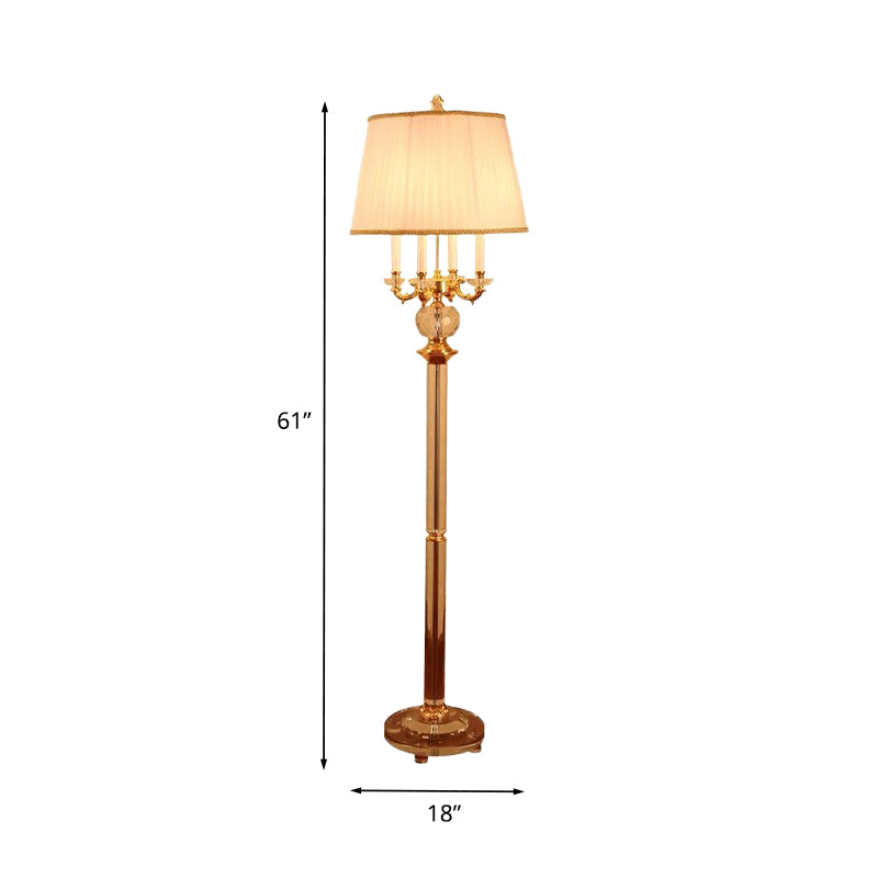 Nordic Candle Floor Light Crystal Single Bulbe Gold Standing Lampe With Barrel Beige Fabric Shade