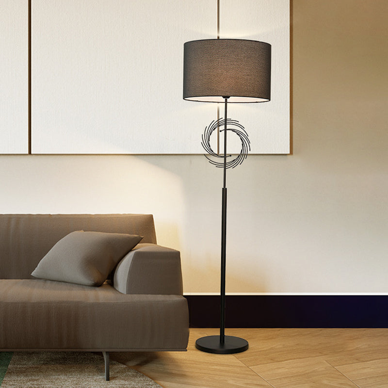 Blanc / Black Circle Floor Light Simplicité 1 Bulbe Metal Standing Lampe avec tissu tambour Shade