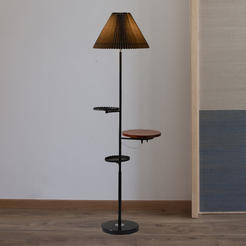 Cone Stand Up Lamp Modern Fabric 1 Bulb Study Room Floor Reading Light with Wood Shelves in Black