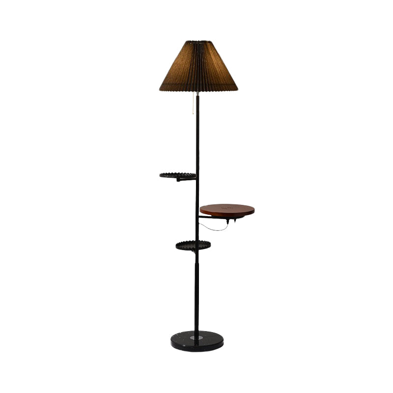 Cône Stand Up Lampe moderne Fabric 1 Bulbe Salle d'étude Planchers Light avec étagères en bois en noir