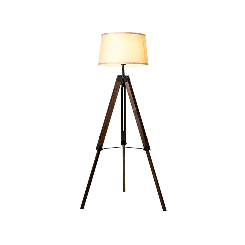 Fabric Barrel Floor Reading Lamp Simplicity Single Head Wood/Distressed Wood Tri-Leg Standing Light