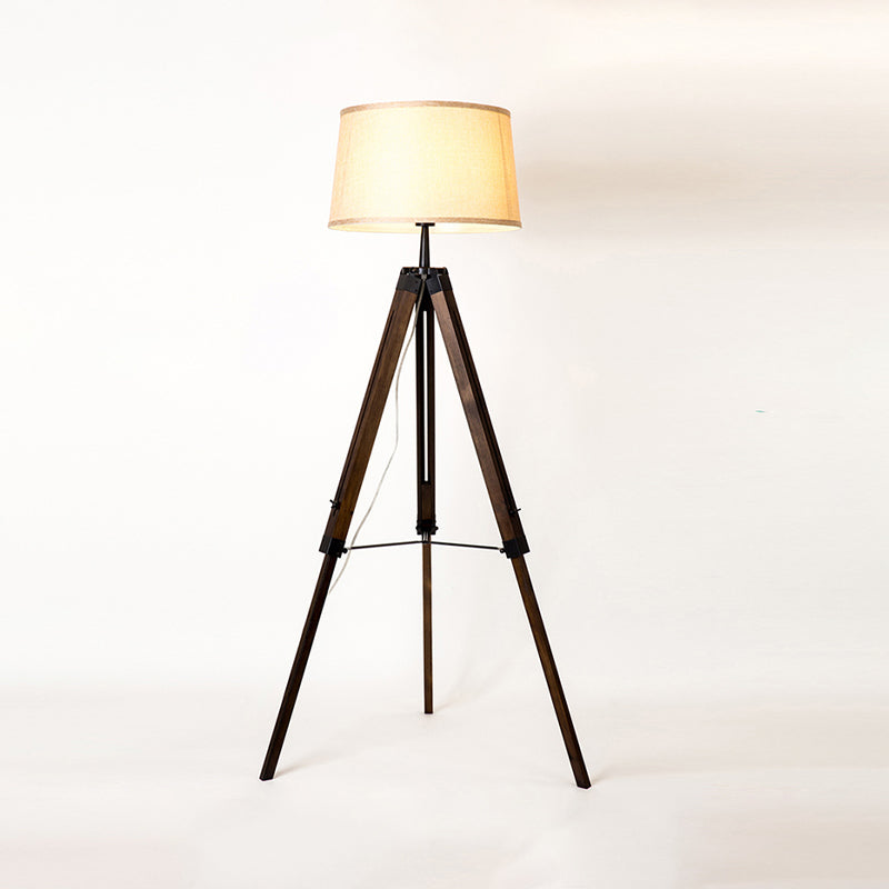 Fabric Barrel Floor Reading Lamp Simplicity Single Head Wood/Distressed Wood Tri-Leg Standing Light