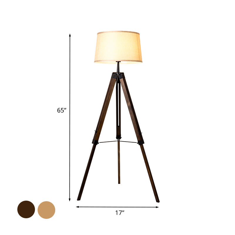 Fabric Barrel Floor Reading Lamp Simplicity Single Head Wood/Distressed Wood Tri-Leg Standing Light