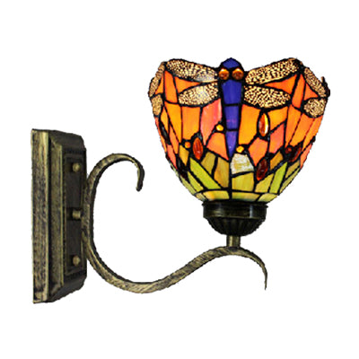 1 Light Dragonfly Wall Light Rustic Tiffany Stained Glass Wall Sconce in Orange for Library