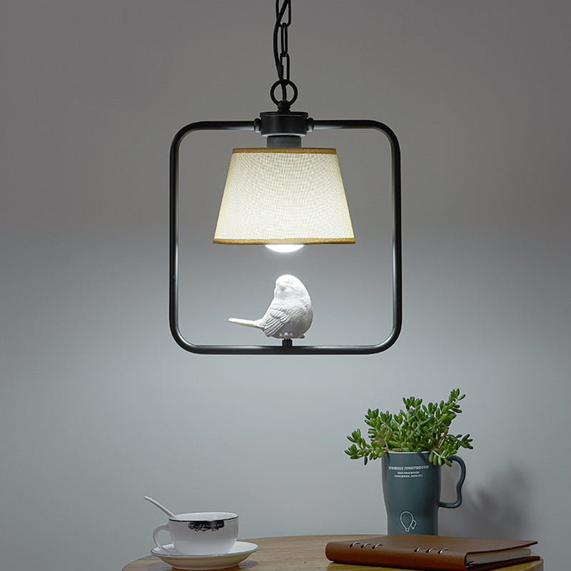 1 Light Cone Ceiling Pendant Light Classic Black/White Fabric Hanging Lamp for Coffee Shop with Square Frame and Bird