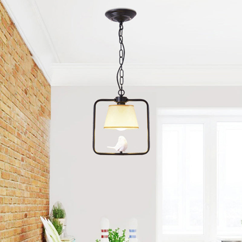 1 Light Cone Ceiling Pendant Light Classic Black/White Fabric Hanging Lamp for Coffee Shop with Square Frame and Bird