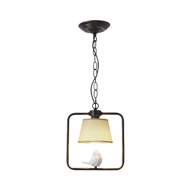 1 Light Cone Ceiling Pendant Light Classic Black/White Fabric Hanging Lamp for Coffee Shop with Square Frame and Bird