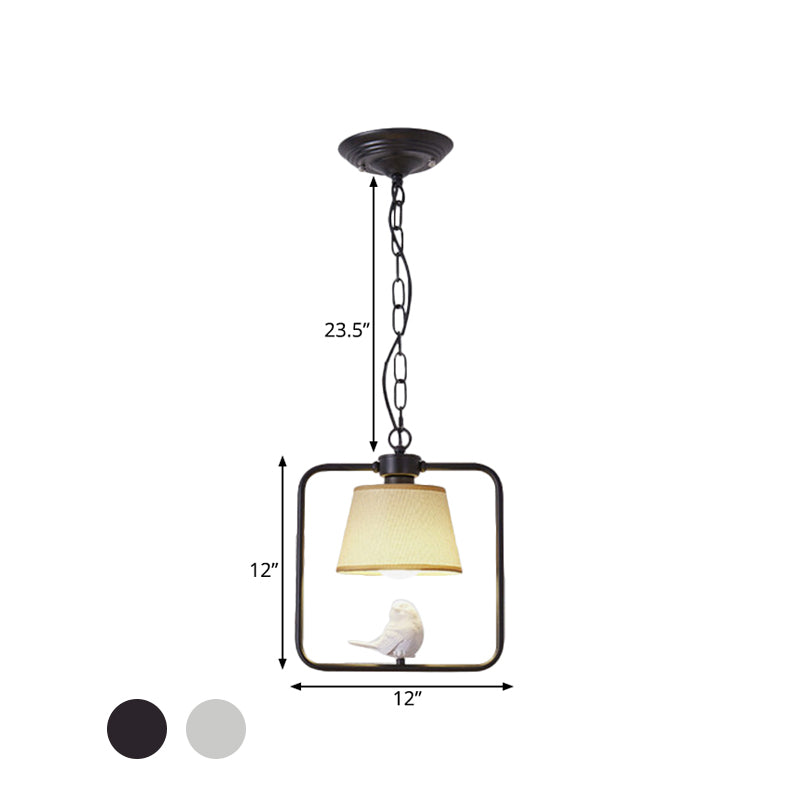 1 Light Cone Ceiling Pendant Light Classic Black/White Fabric Hanging Lamp for Coffee Shop with Square Frame and Bird