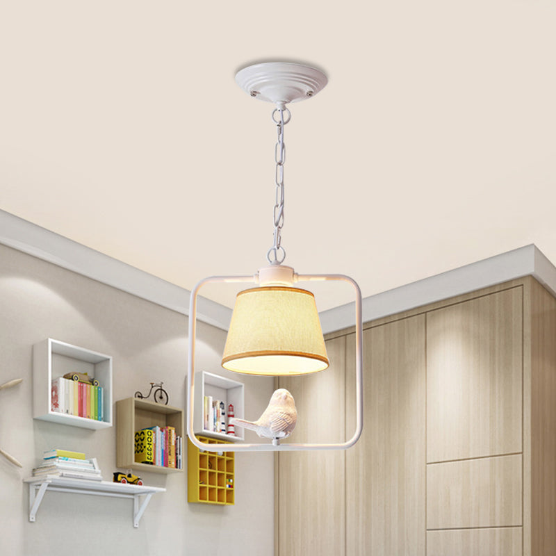 1 Light Cone Ceiling Pendant Light Classic Black/White Fabric Hanging Lamp for Coffee Shop with Square Frame and Bird