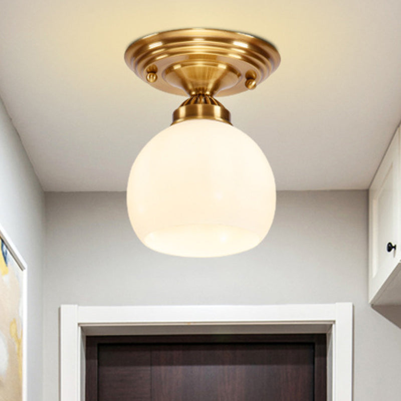 Globe/Cone White Glass Flush Mount Lamp Classic 1 Light Corridor Ceiling Lighting in Brass