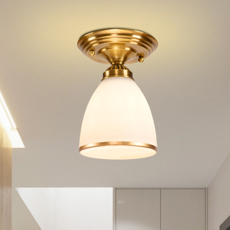 Globe/Cone White Glass Flush Mount Lamp Classic 1 Light Corridor Ceiling Lighting in Brass