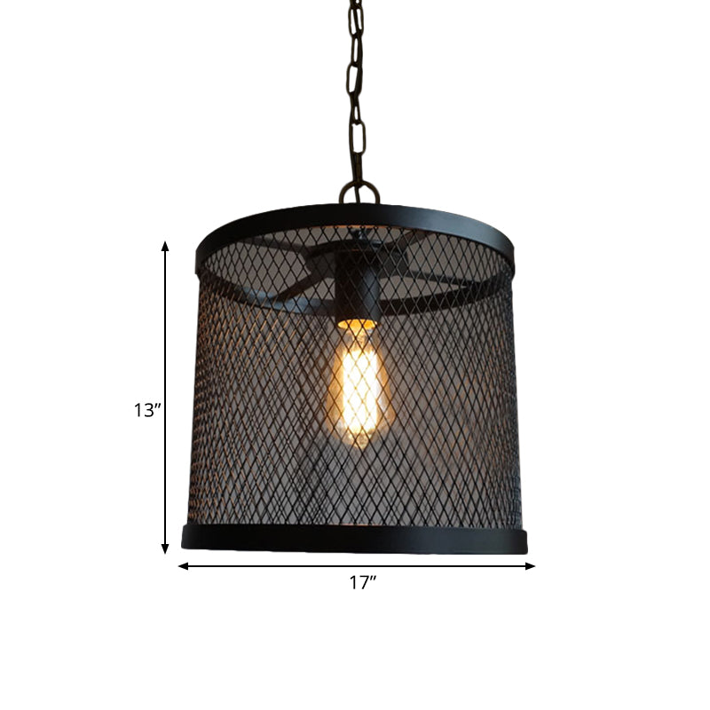 Drum Mesh Metal Pendant Light Industrial Single Light Dining Room Hanging Lamp in Black