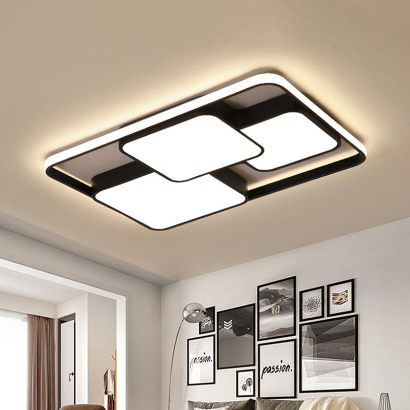 Lampada da incasso rettangolare/quadrata in bianco e nero. LED integrato moderno in metallo da 18"/35,5"/43" ampia plafoniera per soggiorno in bianco caldo/bianco