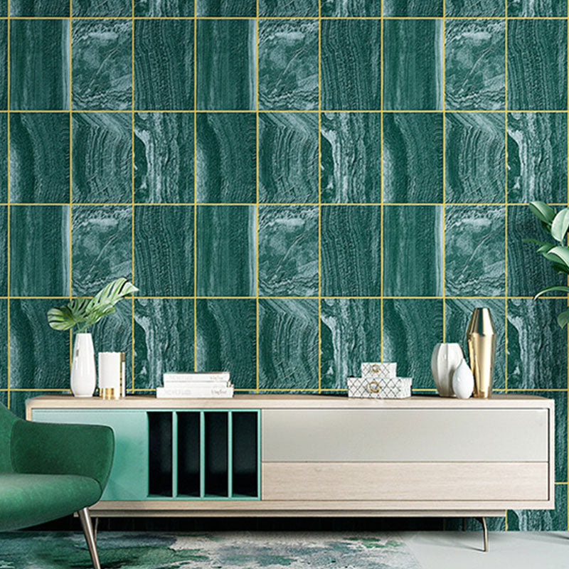 Contemporary Wallpaper Roll for Dining Room Decor with Marble Effect and Rectangle Design in Green