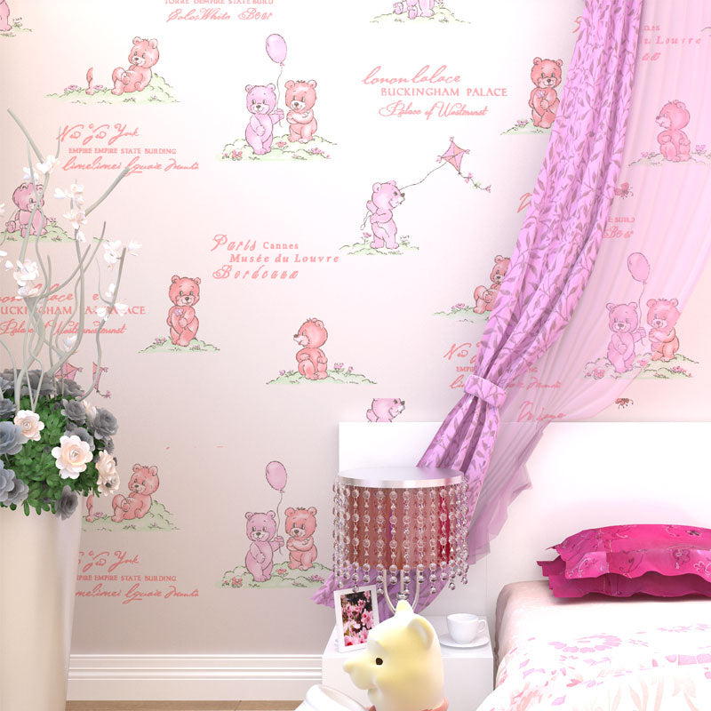 Water-Resistant Cute Bear Wallpaper Non-Woven Fabric Wall Covering for Children's Bedroom