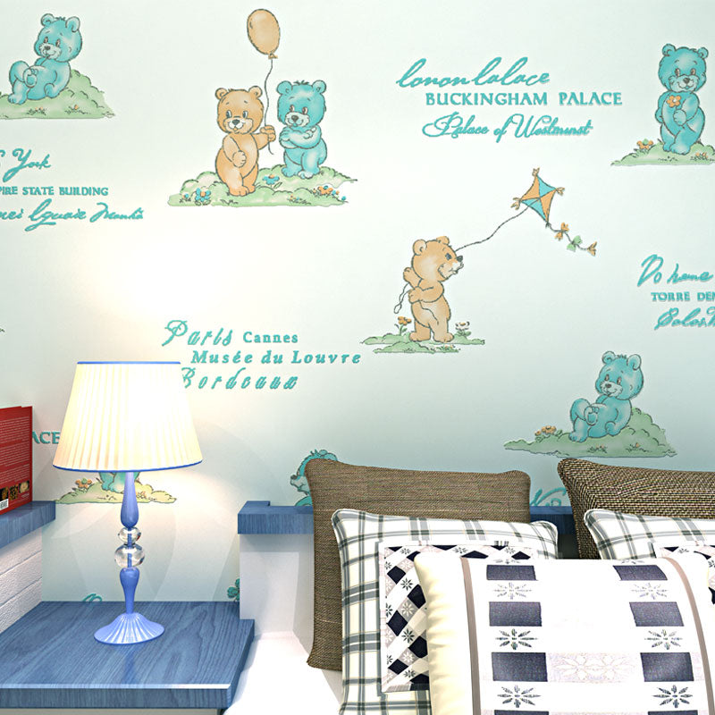 Water-Resistant Cute Bear Wallpaper Non-Woven Fabric Wall Covering for Children's Bedroom