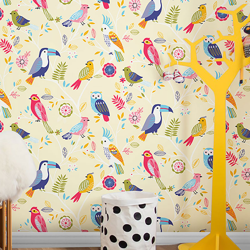 Pastel Color Simple Wallpaper 900 Bird and Lemon Wall Art for Kid's Bedroom