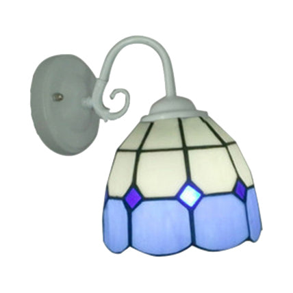 Tiffany Lattice White Domed Wall Sconce with Blue Edge 1 Light Art Glass Wall Lamp for Restaurant