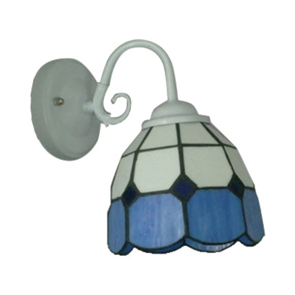 Tiffany Lattice White Domed Wall Sconce with Blue Edge 1 Light Art Glass Wall Lamp for Restaurant