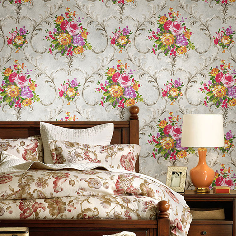 Countryside Blossoming Flower Wall Decor in Grey and Red Leaves Wallpaper, 33'L x 20.5"W