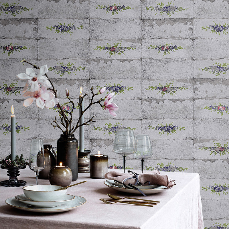 Brick Effect Wall Covering for Coffee Shop Decoration Floral Design Wallpaper in Natural Color, Stain-Resistant