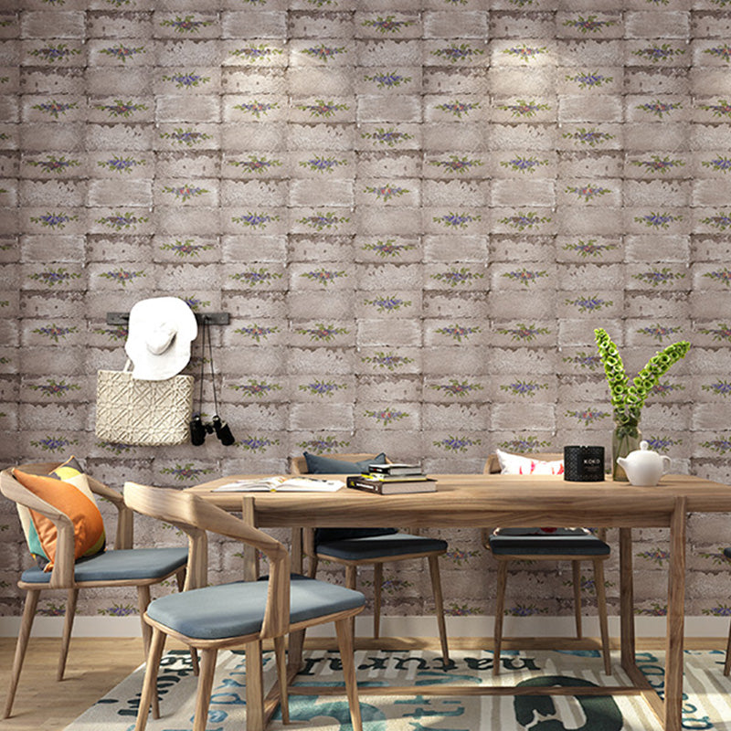 Brick Effect Wall Covering for Coffee Shop Decoration Floral Design Wallpaper in Natural Color, Stain-Resistant