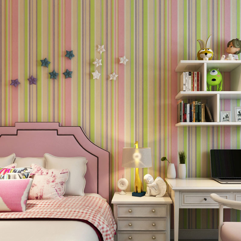 Latitudinal Stripe Wall Art for Children's Bedroom Rainbow Wallpaper Roll, Stain-Resistant