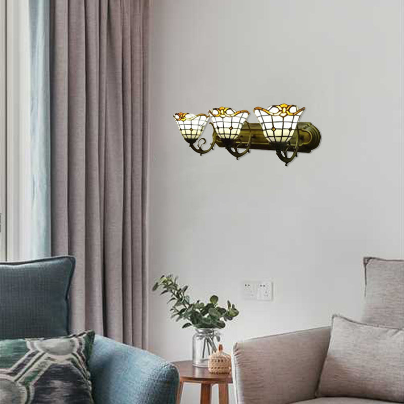 Tiffany Victorian Design Sconce Light Lattice Bell 3 Bulbs Glass Wall Lamp for Living Room