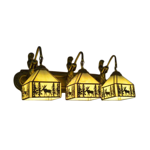 3 Lights Lodge Wall Sconce Rustic Stylish Glass Wall Lamp in Beige with Forest Deer for Restaurant