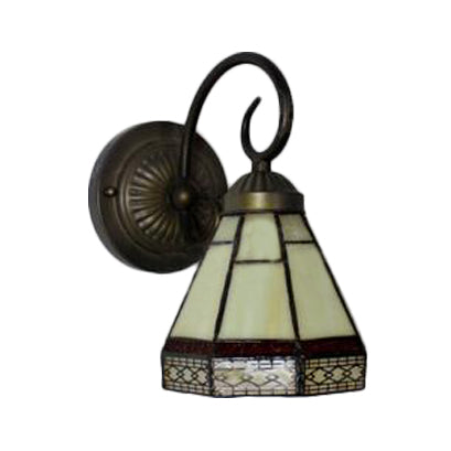 Glass Cone Sconce Light with Curved Arm 1 Bulb Tiffany Classic Wall Sconce in Beige for Dining Room