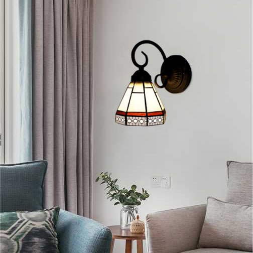 Glass Cone Sconce Light with Curved Arm 1 Bulb Tiffany Classic Wall Sconce in Beige for Dining Room