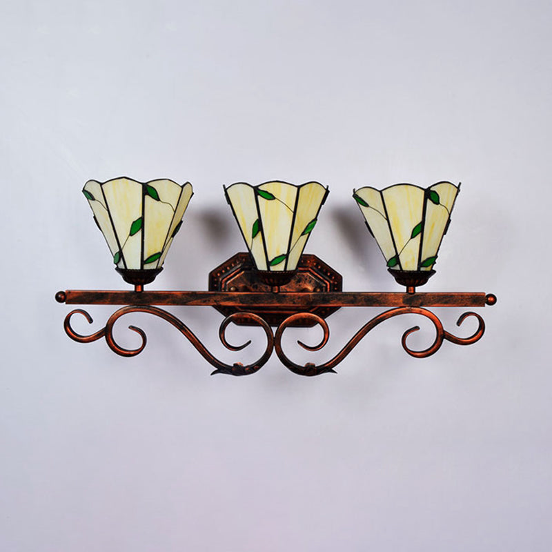 Tiffany Conical Wall Sconce with Leaf Pattern Stained Glass 3 Lights Wall Mount Light for Corridor