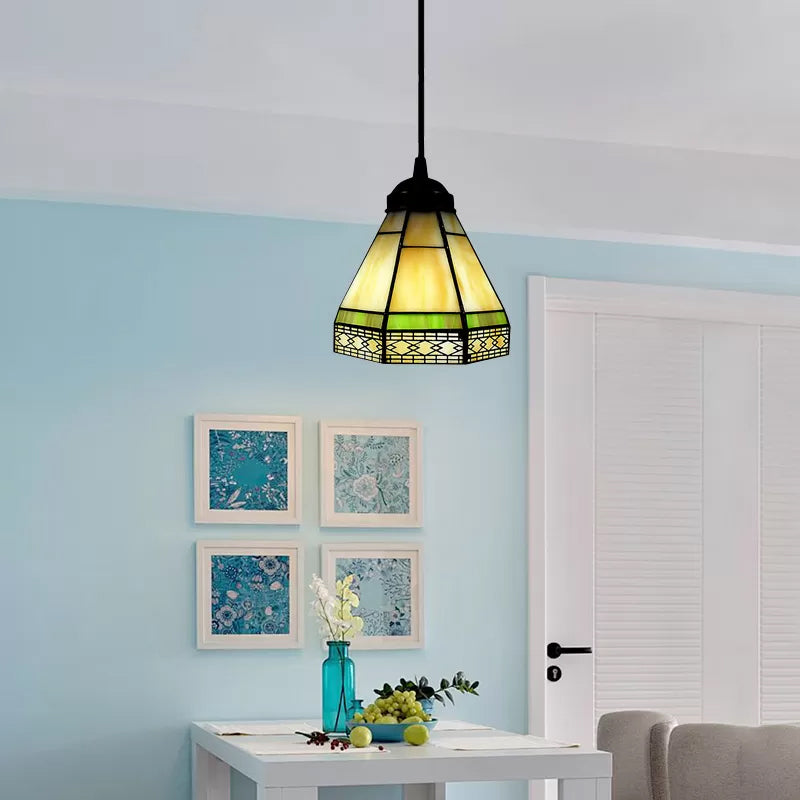 Gebrandschilderd glas Conische droplamp Tiffany-stijl 1 kop Beige/groen/blauwe hanglamplicht voor woonkamer