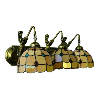 Grid Patterned Sconce Light Tiffany Yellow Glass 1 Head Antique Bronze Wall Light Fixture